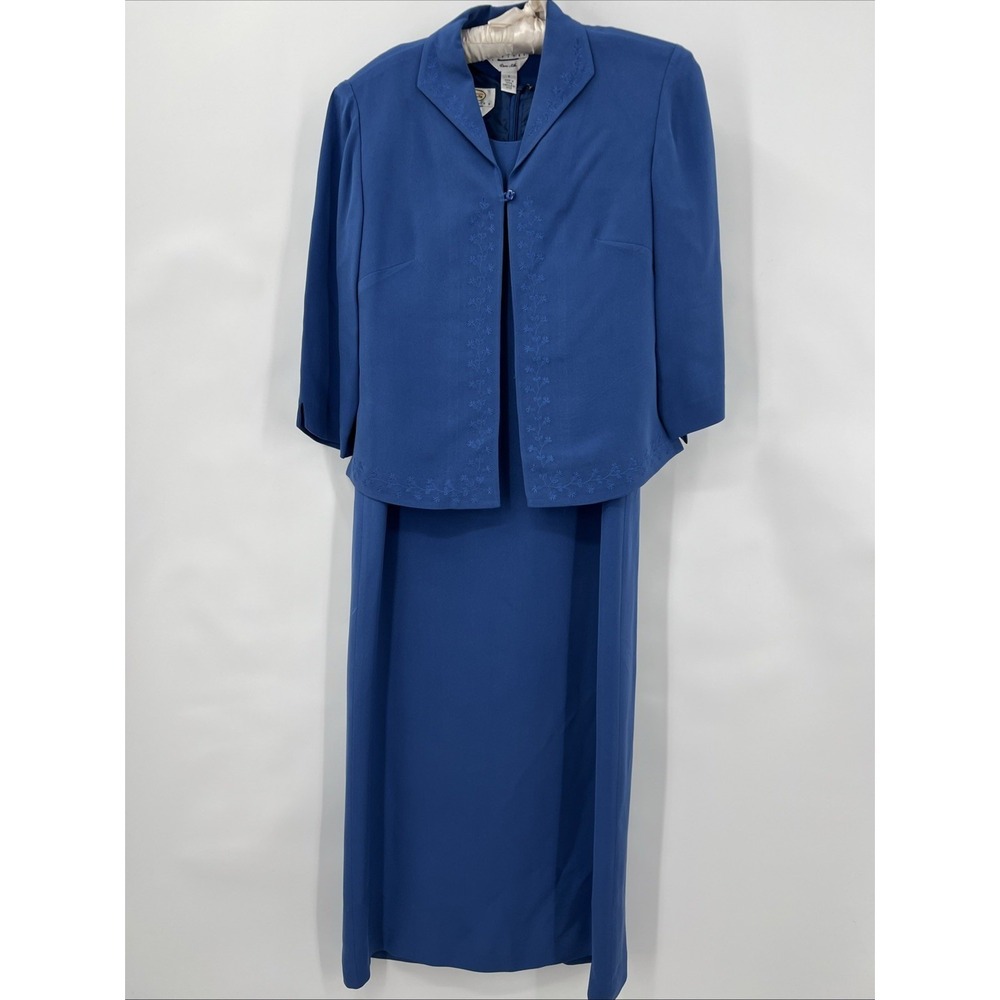 Vtg Y2K Talbots Petite  Blue 100% Silk 2 Piece Dress Jacket Set 2P Career Formal